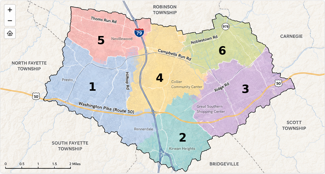 Static map of Collier Township showing the six voting districts, major roads, landmarks and neighboring municipalities